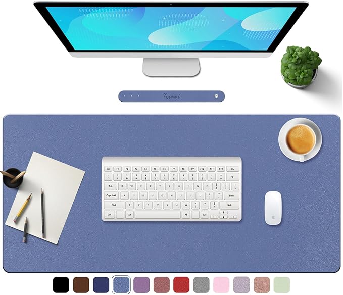 TOWWI PU Leather Desk Pad with Suede Base, Multi-Color Non-Slip Mouse Pad, 24” x 14” Waterproof Desk Writing Mat, Large Desk Blotter Protector(Gray-Blue)
