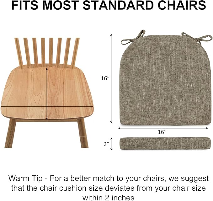 Wellsin Chair Cushions for Dining Chairs 4 Pack - Kitchen Chair Cushions with Ties and Non-Slip Backing - Dining Chair Pads 16"X16"X2", Khaki
