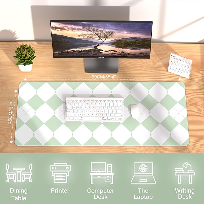 Checkered Desk Mat with PU Leather, 35.4" x 15.7" Non-Slip Large Mouse Pad for Desk, Easy Clean Desk Mat for Keyboard and Mouse, Leather Desk Pad for Office/Home/Decor (Light Green)