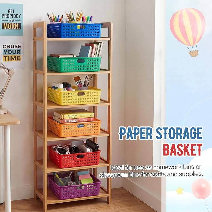 Geetery 6 Pack Classroom Storage Baskets with Handle 14''x10'' Paper Tray Holds A4 Turn in Trays Plastic Paper Baskets Desk Organizer Bin for Classroom, Library, Office, Home (Rainbow Color)