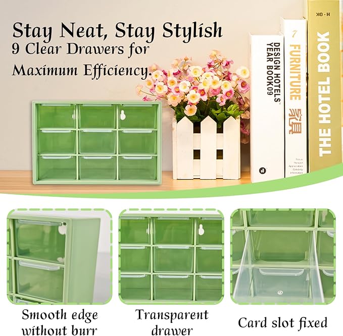 Small Drawer Organizer for Desk, 7.1" x 3.8" x 4.6" Mini Desktop Drawer Organizer with 9 Clear Drawers, Compact Craft & Office Supplies Organizer for Home School (Green)