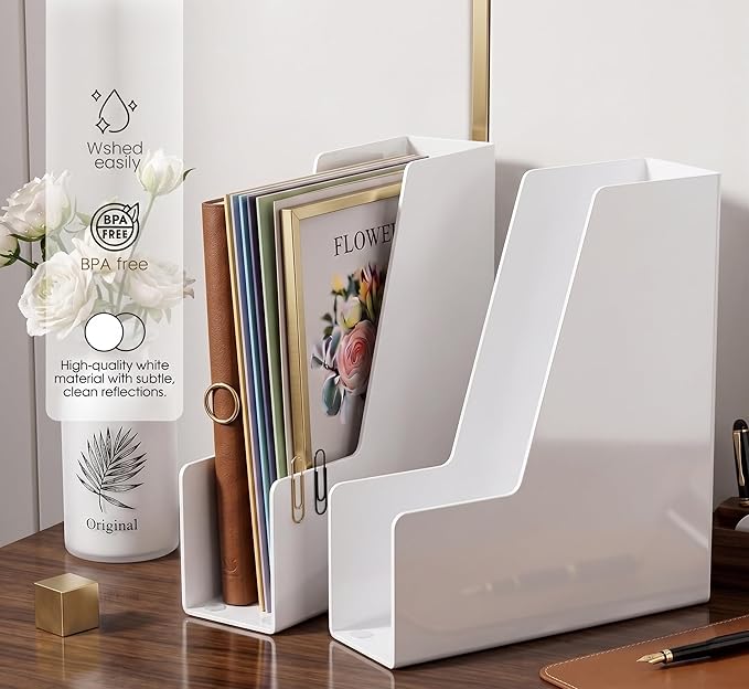 LALOBLUE White Vertical File Organizer, 4 Section Magazine Holder for Desk, Desktop File Folder Rack for Books, Magazines, Documents and Notebooks, Office Home School