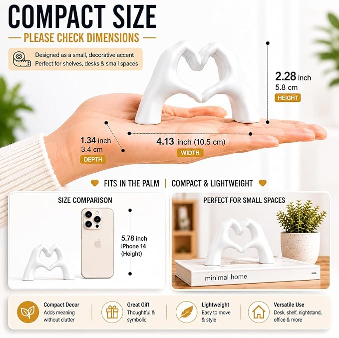 Gold Decor Living Room – Mini Small Heart Hands Sculpture – Shelf Decor Aesthetic – Cute Home Accent Table & Shelves – Love Statue - Gifts Girlfriend, Wife, Women, Teen Girls, Valentine (White, Mini)