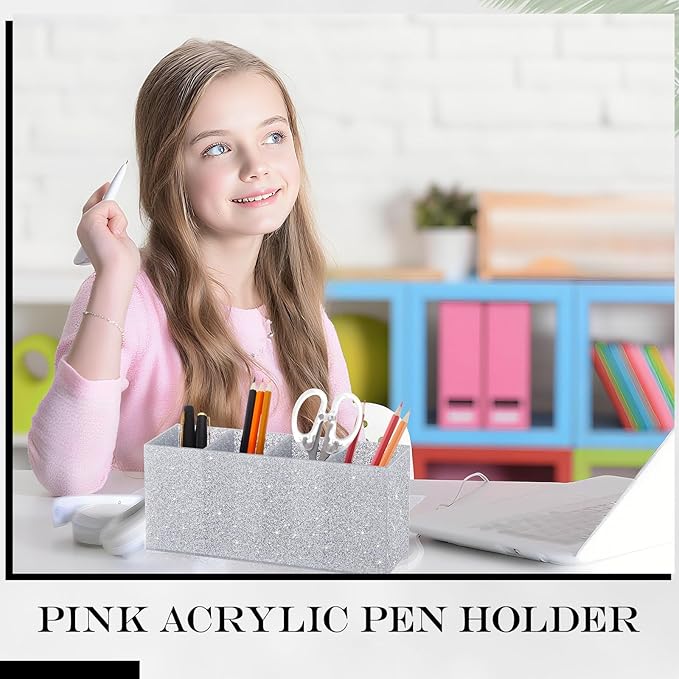 Jetec Acrylic Glitter Pen Holder 4 Compartments Bling Makeup Brush Stationery Organizer Pencil Holder for Desk Accessories Sparkly Gifts for Women Birthday Valentines Desktop Workplace Office(Sliver)