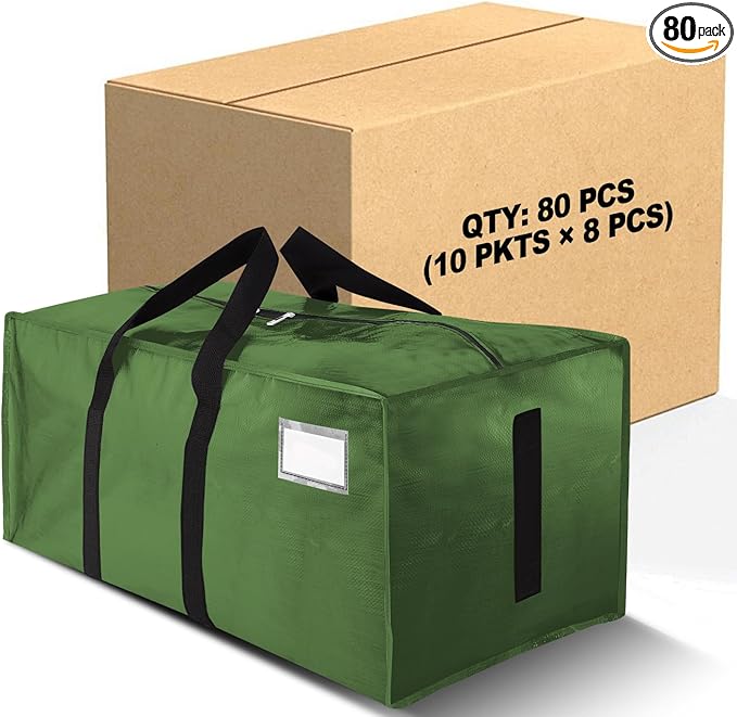 80 Pack Large Strong Moving Bags with Zippers & Carrying Handles - Water-Resistant - Heavy Duty Storage Tote for Space Saving, Fold Flat, Alternative to Moving Box (Olive Green)