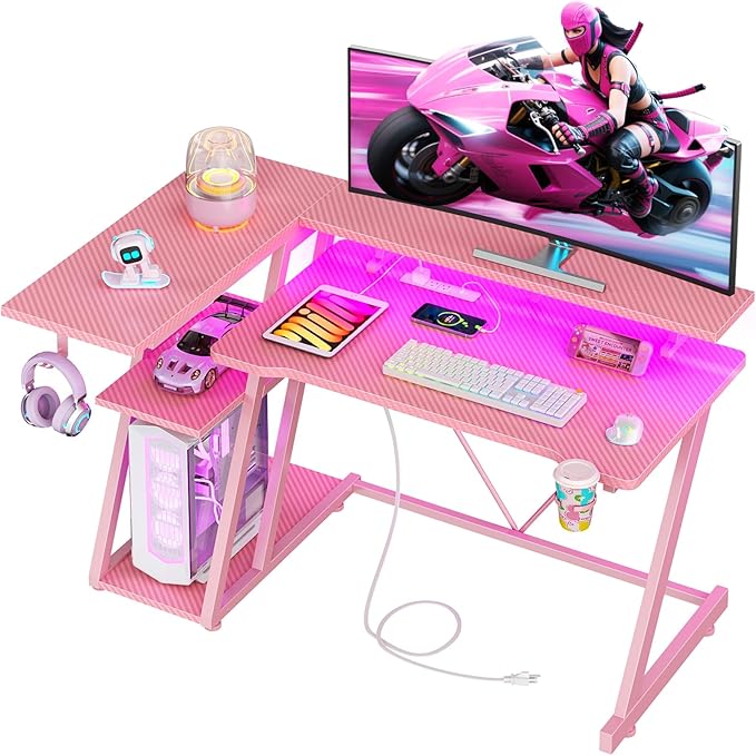Korfile 40 Inch Pink Gaming Desk with Power Outlet & LED Lights, Corner Computer Desk with 3 Tiers Storage Shelves, L Shaped Gaming Desk with Monitor Stand for Bedroom