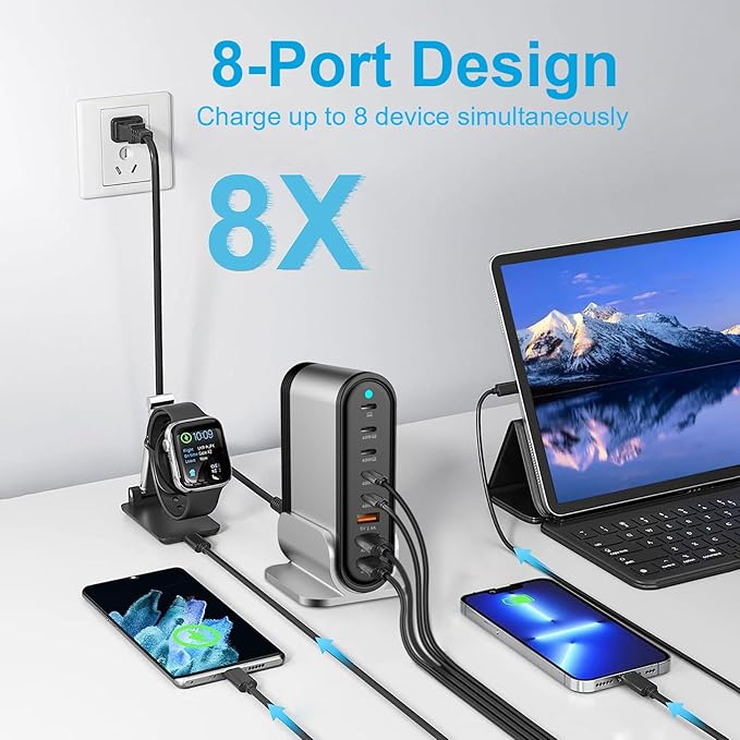 USB C Fast Charger - 285W GaN 8 Port Fast Charging Station Tower Hub for Multiple Devices: Type C Fast Charger Block for MacBook iPad iPhone 17/16/15/14/13 Pro Max Samsung Galaxy, Google Pixel & More