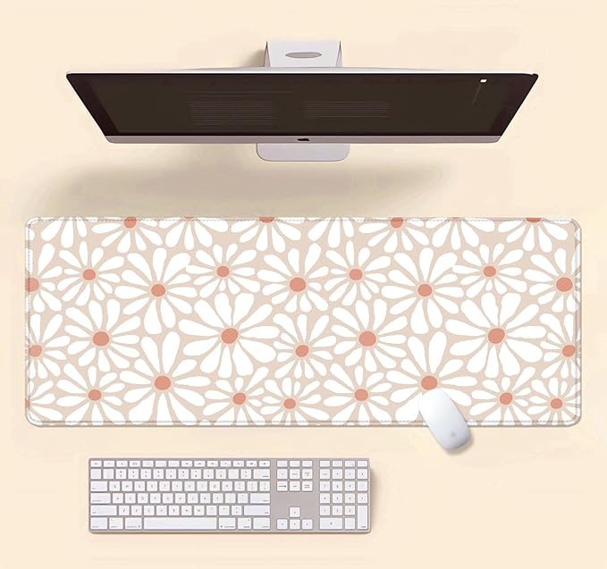Cute Large Mouse Pad for Desk, Beige Flower Desk Pad for Computer Keyboard Laptop, Daisy Boho Big Mousepad, Non-Slip Base Floral Desktop Mat for Home Office, 31.5 x 11.8 inches