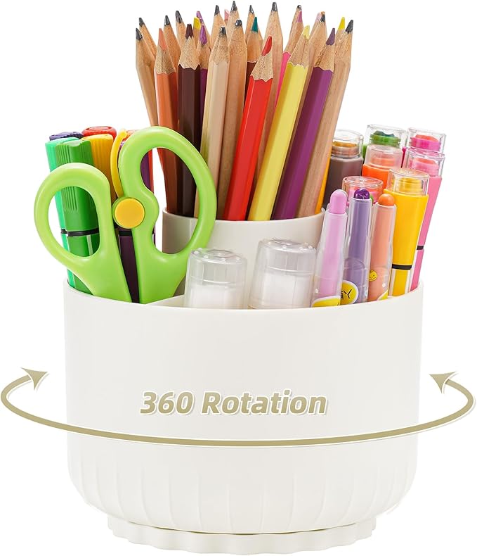 Marbrasse Desk Organizer, 360-Degree Rotating Pen Pencil Holder, Desk Organizers and Accessories with 5 Compartments Pencil Organizer, Art Supply Storage Box Caddy for Office, Home(Beige)