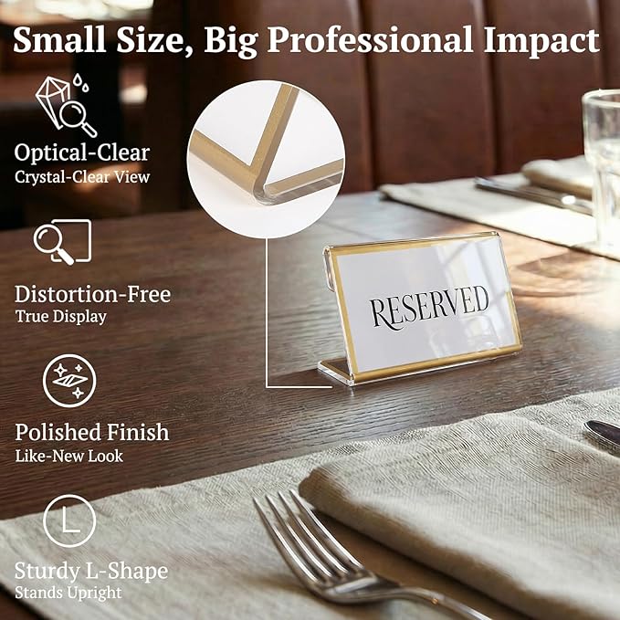 EHWINE 60 Pack Gold Acrylic Sign Holders, 3.5 x 2 Inch Slanted L-Shaped Name Tag & Price Label Display Stand for Wedding Table, Boutique, Retail Counter, Trade Show