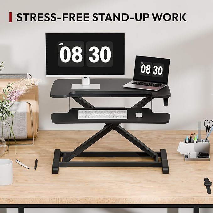 SANODESK Standing Desk Converter 28" Desk Riser for Home Office, Compact Sit Stand Desktop Workstation for Laptop & Monitor, Ergonomic Height Adjustable Riser, Black