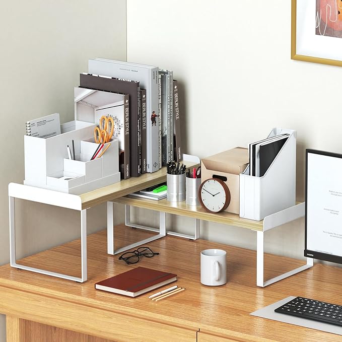 2 Sets Desk Shelves for Top of Desk, 2 Tier Independent Stackable Desktop Shelves, Desktop Organizer Shelf, Adjustable Bookshelf,Metal and Engineered Wood, (White+mapple)