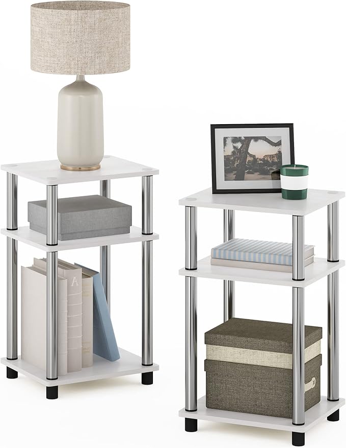 Furinno JUST Side Table Set of 2, 3-Tier Modern End Tables, Open Shelves Night Stand, Nightstand Set, Toolless Assembly, for Living Room, Bedroom, White Oak/Stainless Steel