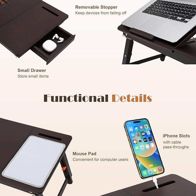 Laptop Desk for Bed with Fan Nnewvante 7 Angles & 4 Heights Adjustable Bamboo Laptop Table Foldable Lap Desk with Drawer and Phone Slot for Bed Floor Sofa, Black Walnut