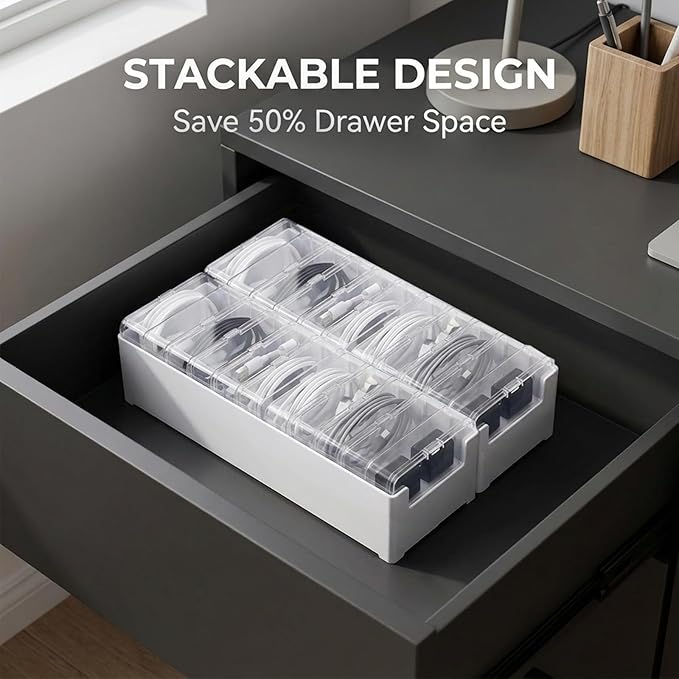 Clear Cable Organizer Storage Box, 2 Pcs 11 Box Desktop Cable Management with Switch, Power Cord Organizer for Office,Home,Desk Accessories Storage Stationery Supplies and Accessories