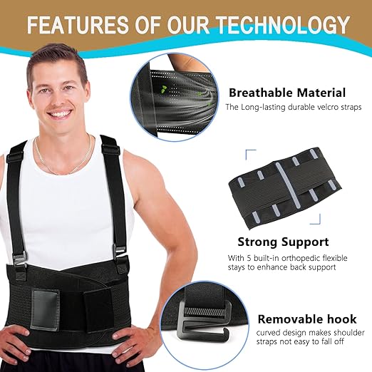 Back Brace for Lower Back Pain Relief - Back Support Belt for Women and Men,Adjustable Removable Suspender Straps,Lower Back Belt for Heavy Lifting Work,Moving and Warehouse Jobs XL/2XL(37"-45")