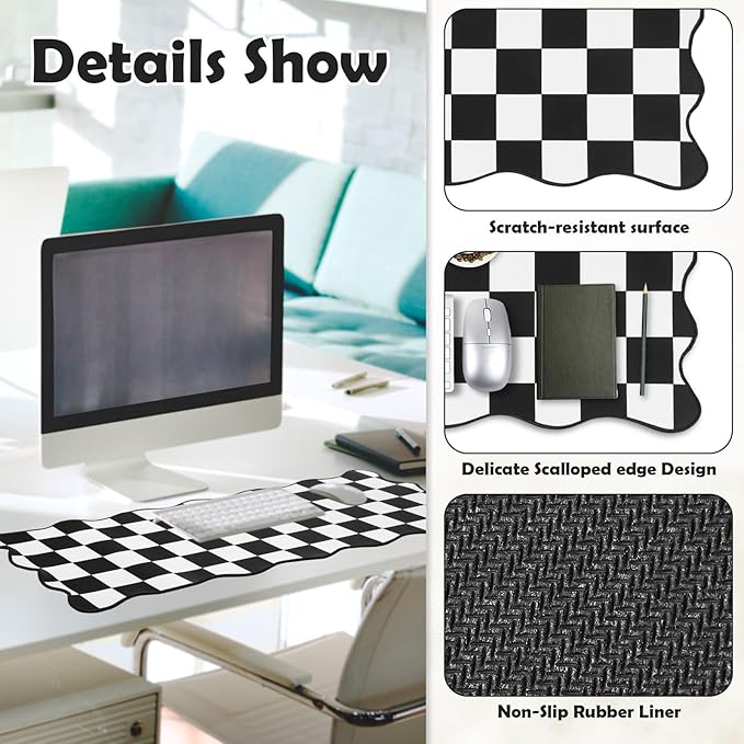 Copkim 1 Pcs Black Scalloped Checkered Desk Mat 31.5 x 11.8 Inch Large Cute Mouse Pad Computer Mat Non Slip Waterproof Rubber Base with Border Stitching Soft Keyboard Pad for Home Office Gaming Makeup