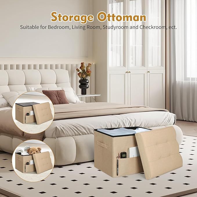BelugaHelper Ottoman with Storage, Small Storage Ottoman Foot Rest with Thicker Foam Padded Seat. Foldable Linen Cloth Foot Stool for Living Room Bedroom, Holds Up to 300 lbs, 17x13x13IN(Beige)