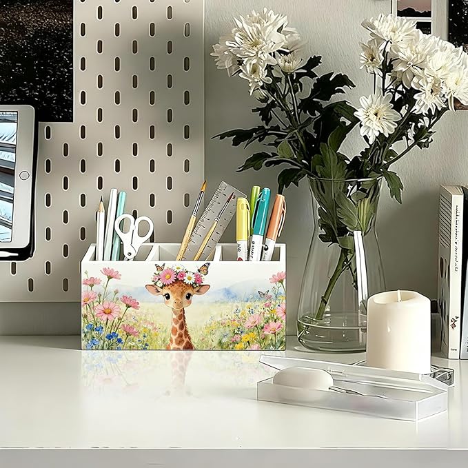 Giraffe Pen Pencil Holder for Desk Accessories, Giraffe Gifts for Women & Kids, Rustic Butterfly Flower Wild Animal Wooden Box Sign Decorations for Kids Room Home Office Desk Tabletop