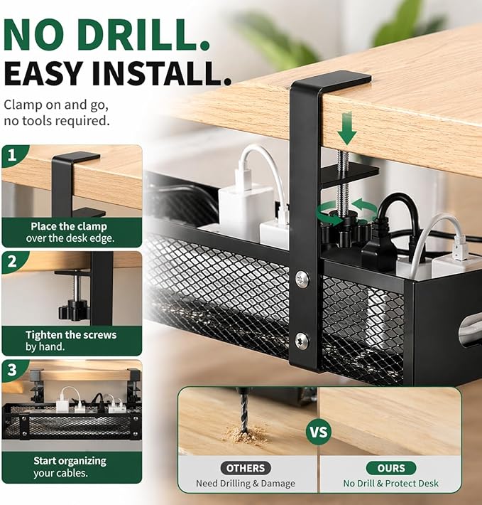 Under Desk Cable Management Tray, Metal Desk Cord Organizer, Adjustable Clamp, No Drill, Durable Desk Cable Organizer – 13.4''
