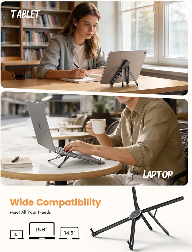 Lamicall Adjustable Laptop Stand for Desk - [0.25lb Ultralight] Foldable & Portable Laptop Riser, Aluminum Computer Stand for Travel Library Cafe fit MacBook Neo Air Pro HP Dell Lenovo Tablet - Black
