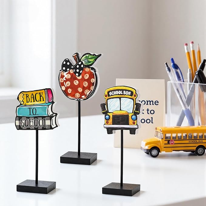 Smile Back to School Wooden Desktop Decor School Bus, Apple & Book Stack Table Signs - Classroom & Home Shelf Accents Gifts for Kids, Teachers