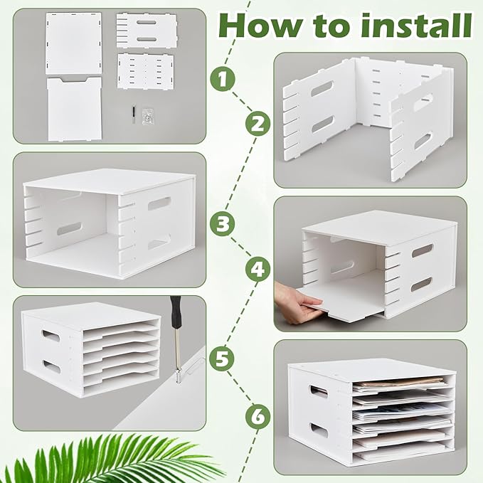 Juexica 6 Tier 8.5" x 11" Scrapbook Paper Organizer, White Cardstock File Organizer with Adjustable Shelves, Stackable Paper Trays, Desktop Storage Rack Document Holder for Desk Home Office