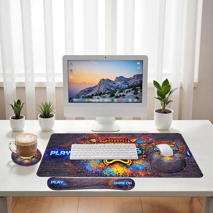 Gaming Desk Mat Set Neon Graffiti Do Not Disturb Large Mouse Pad with Wrist Rest 4in1 Desk Mat for Desktop Ergonomic Computer Desk Arm Wrist Anti-Slip Computer Mouse Pad Home Office Gaming