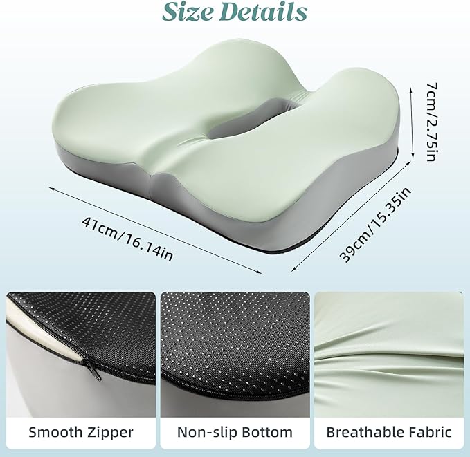 SheRest Seat Cushion, Ergonomic Memory Foam Cooling Cushion, Pressure Relief Suitable for Long Sitting Hours on Office Chairs, Desks, Cars and Airplane Seats, Green