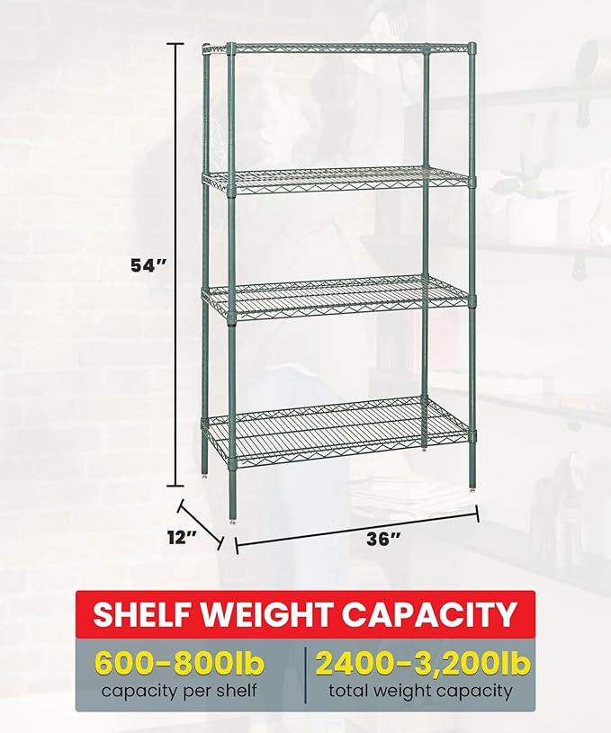 Quantum WR54-1236P Wire Shelving Starter Kit with (4) Shelves and (4) Posts for Commercial Warehouse Storage Distribution | 800 lb Load Capacity | 36"W x 12"D x 54"H, Green Epoxy Coated Finish, NSF