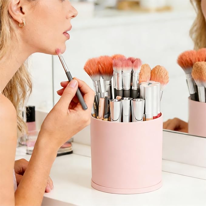 Yieach Rotating Acrylic Makeup Brush Holder for Vanity,Bathroom Countertop,Round Makeup Brushes Organizer,Spinning Cosmetic Brushes Holder,Make up Brush Storage and Office Desk Pen or Pencil Cup,Pink