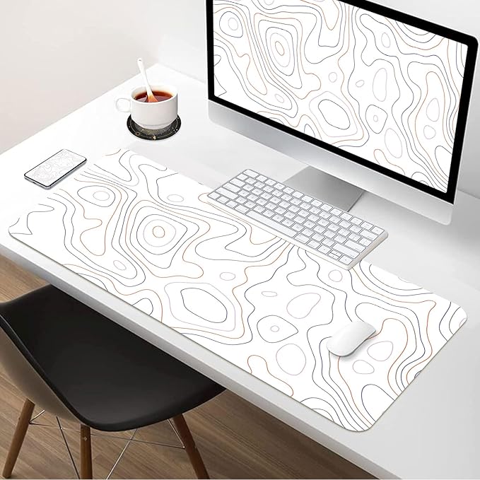 White Topographic Map Desk Mat 35.4" x 15.7", PU Leather Computer Laptop Mat, Non-Slip Waterproof Mouse Keyboard Pad, Large Desk Blotter, Leather Writing Matt for Work/Home 35.4"x 15.7", Topographic