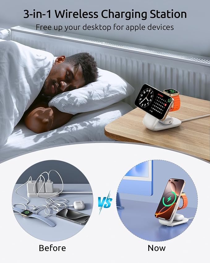 3-in-1 Wireless Charging Station for MagSafe,Foldable Magnetic Stand for iPhone 17/16/15-12 Series, Apple Watch/AirPods,15W Fast Wireless Charger - Ideal for Home/Office/Travel