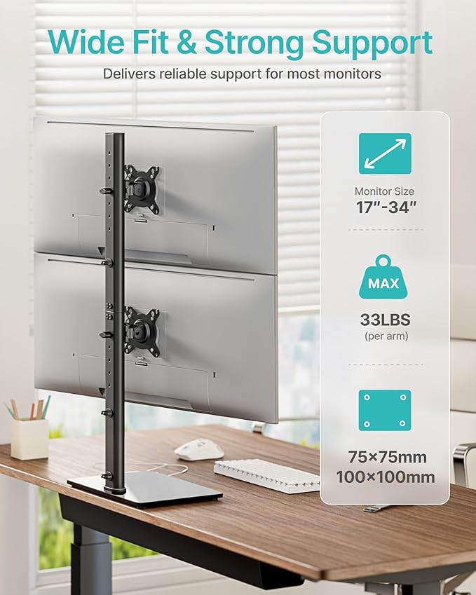Pegzone Vertical Dual Monitor Stand for 17–34 Inch Screens, Stacked Monitor Mount, Holds up to 33 lbs per Arm, Tabletop Screens Riser with Full Motion, 33.3" Pole 12 Height Settings, 75/100 VESA