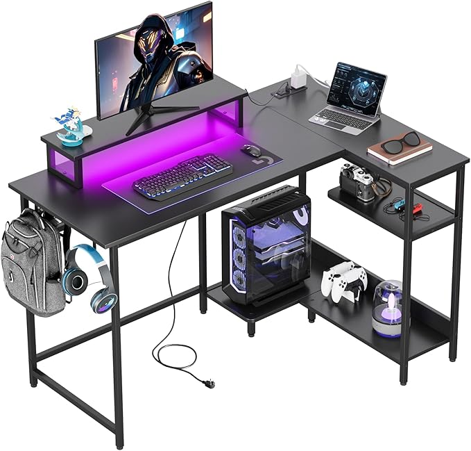 DEVAISE 47" L Shaped Gaming Desk with LED Lights and Power Outlets - Spacious Corner Computer Table with Monitor Stand and Storage Shelves for Work and Gaming, Black