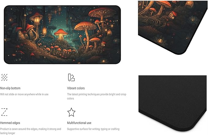 Mushroom Forest Desk Mat, Anime Mouse Mat XXL, Retro Large Gaming Keyboard Mouse Pad, with Non Slip Rubber Base and Stitched Edges Full Desk Pad, Natural Landscape Desktop Decor 31.5"X15.7"