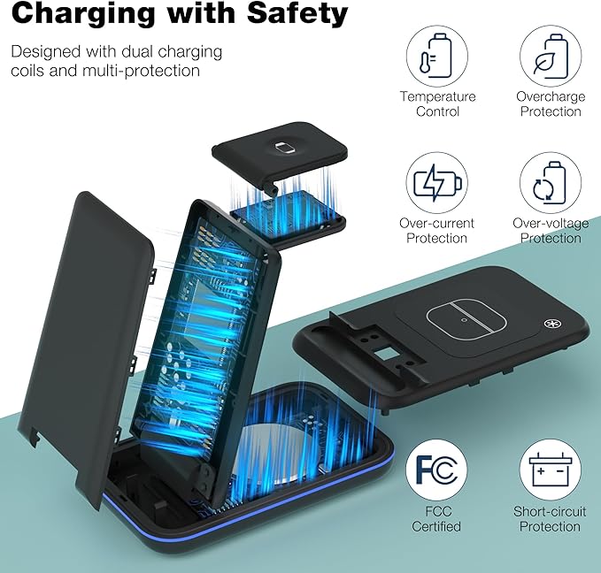 Wireless Charger for iPhone, Foldable 3 in 1 Fast Charging Station/Stand/Multi Charger for iPhone15 14 13 12 11/Xs/XR/X/8, Travel Pad for Apple Watch S8/Ultra/7/6/5/4/3/2/SE, Airpods 2/3/Pro/Pro 2