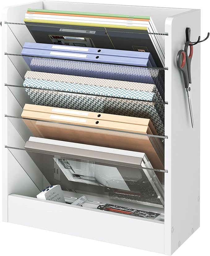 CHOEZON Wall File Holder, 6-Tier File Organizer, Office Supplies Storage Rack, Versatile Desktop Organizer, with Detachable Shelves, with Side Hooks, for Living Room, Study, Home Office, White MWJ02WB