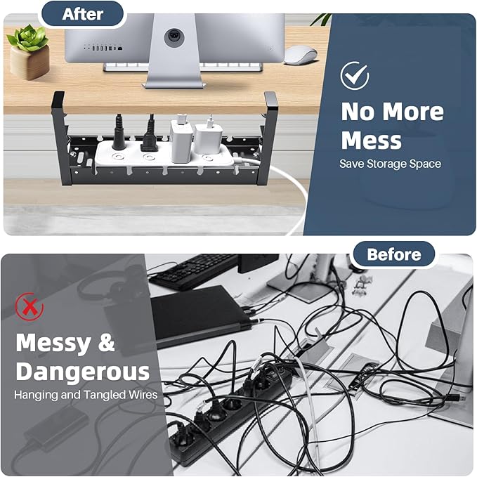 Under Desk Cable Management Tray, No Drill Clamp Mount, Metal Cord Organizer for Desk, Wire Management Rack for Home Office and Standing (Black)