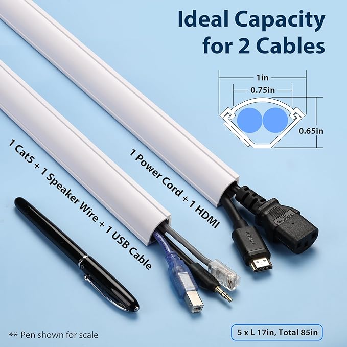 ZhiYo Corner Cable Concealer 85in, Medium Corner Cord Hider, Wire Covers for Cords, Paintable Cord Cover, Cable Management Channel Raceway for Wall, Floor Baseboard, Ceiling, 5 x L17in White