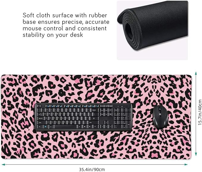 Leopard Large Mouse Pad & Desk Mat Pink Black Cheetah Print Extended Mousepad Non-Slip Rubber Base Laptop Computer Keyboard Pad for Gaming, Office & Home Decor, XXXL - 35.4" X 15.7"