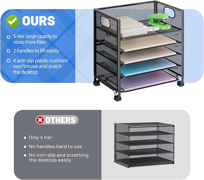 Simple Trending 6-Tier Paper Organizer for Desk– Letter Tray & File Holder with Handle, Metal Mesh Desktop Document Shelf for Office, Black