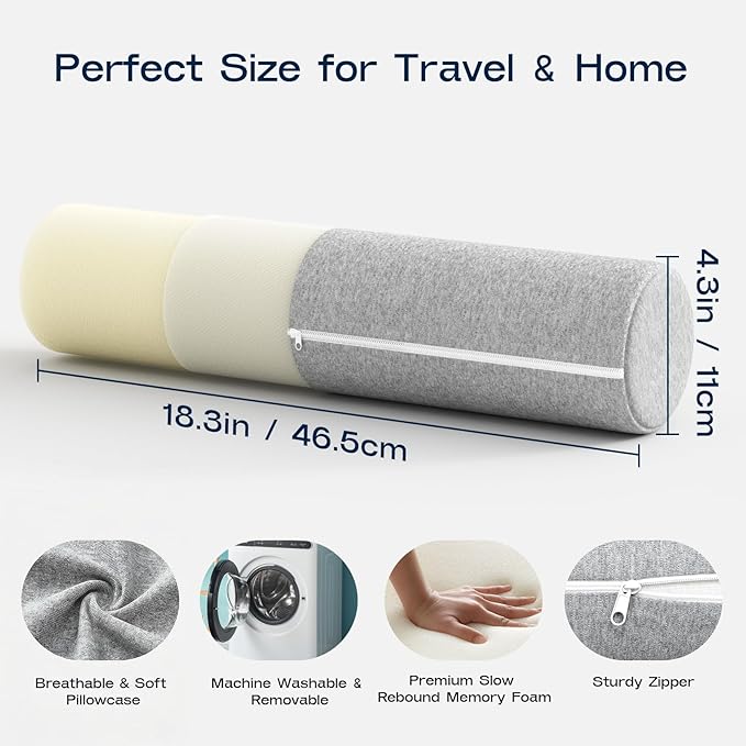 Neck Roll Pillow, Memory Foam Neck Support Pillows, Round Neck Pillows, Cylinder Bolster Pillows for Bed, Couch, and Yoga, Removable Washable Cover,18 * 4 * 4 inch (Small,Grey)