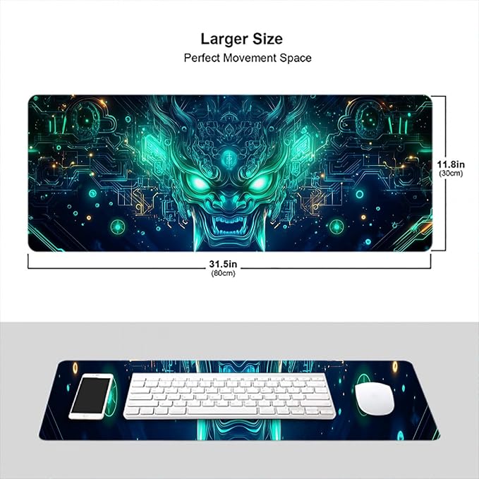 Ghost Mask Desk Mat Geometric Futuristic Tech Neon Green Mousepad XL Large Gaming Mouse Pad Laptop Keyboard Mat Desk Pad 31.5"x11.8" Office Computer Keyboard Laptop Home