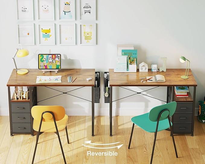 AODK 40 Inch Small Computer Desk with Fabric Drawers, Kids Study Desk for Bedroom, Home Office Desk with Storage Shelf & Bag for Small Space, Vintage