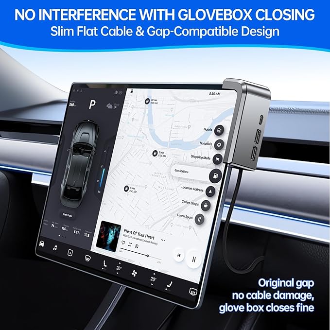 USB Hub for Tesla Model Y Juniper 2025 2026 Model 3 Highland 2024 2025, Glove Box to Screen Docking Station Glovebox USB 3.0 Expander for Dashcam Flash Drive Charging Data Transfer Game Music