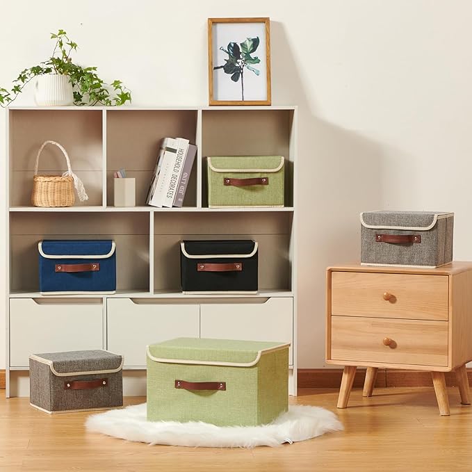 2PCS Storage Boxes with Lid Cotton Linen Fabric Storage Bins Organizer Container Decorative Collapsible Washable Shelf Closet Baskets Faux Leather Handles Home Bedroom (Black, Large Size)