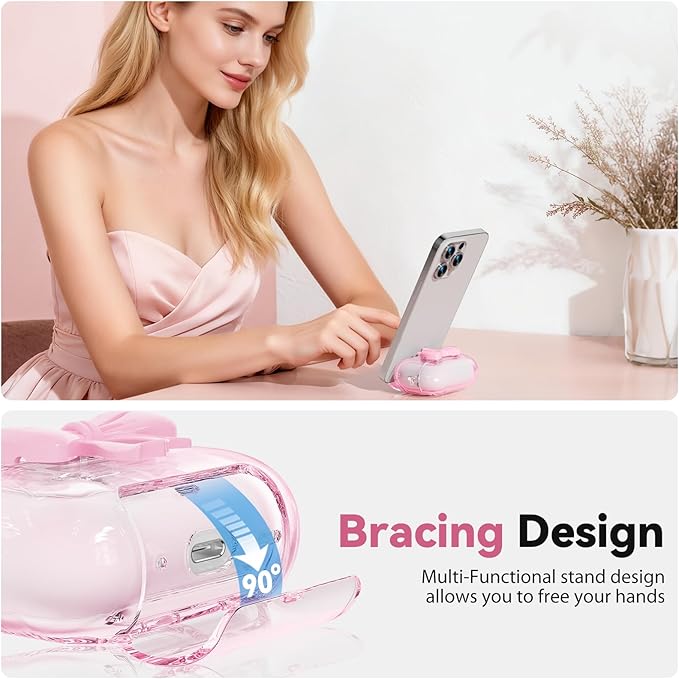for Airpods 4 Case Pink 2024 with Safety Lock & Phone Stand, 3D Bow Clear iPod 4 Cases with Cute Keychain & Cleaning Kit, Soft TPU Cover for AirPods 4th Generation Case Girls Women