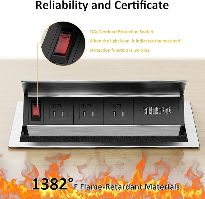 Kungfuking Recessed Power Strip with USB C PD 30W, Conference Table Power Hub Outlet Connectivity Box Rotatable with Switch and Metal Casing, 6 FT Cord
