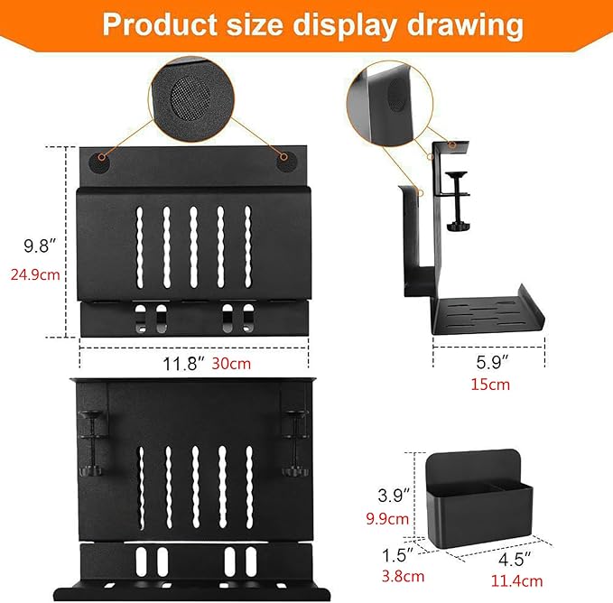 Desk Side Storage Organizer, Metal Hanging Laptop Mount with Anti-Scratch Silicone, No Drill Under Desk Cable Management Tray for Office and Home,Black